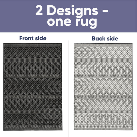 Indoor Outdoor Reversible Rug Black and White Cream Aztec Geometric Pattern Large Patio Garden Mats