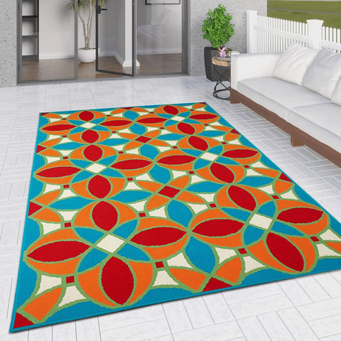 Outdoor Rug Moroccan Trellis Orange Blue Red Mat Large Small XL for Decking Patio Garden Multi Colour Flatweave Carpet