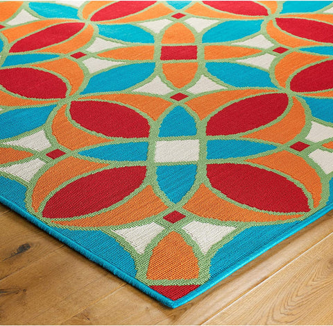 Outdoor Rug Moroccan Trellis Orange Blue Red Mat Large Small XL for Decking Patio Garden Multi Colour Flatweave Carpet