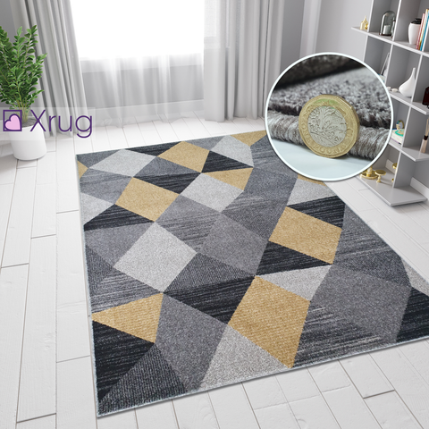 Modern Rugs Black Grey Yellow Gold Multi Geometric Abstract Pattern Carpet Small Large Area Mat Friese Soft Polypropylene Living Dining Room Bedroom Lounge 70x140 120x170 160x220