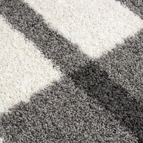 Grey and White Fluffy Rug Geometric Shaggy Thick Soft Modern 30mm Long Pile Carpet for Bedroom Living Room Lounge