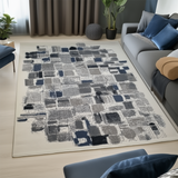 Cream grey blue black abstract low pile living room rug - view 1