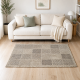 Beige brown check runner rug in a modern room interior