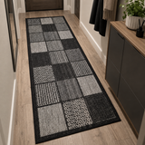 Black Grey Check Runner Rug Non-Slip Flat Weave Kitchen Hallway Carpet