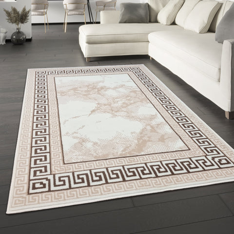 Marble Rug Cream Large Small XL Soft Modern Bordered Living Room Bedroom Carpet Rug