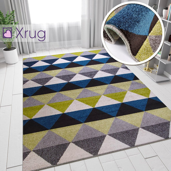 Modern Rugs Petrol Blue Lime Green Grey Diamond Pattern Carpet Bedroom Floor Mat