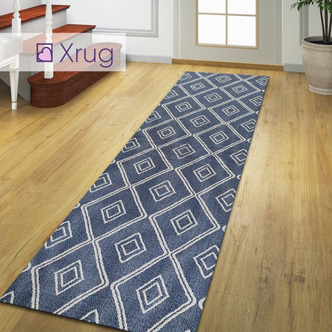 Cotton Rug Navy Blue Diamond Pattern Washable Modern Woven Mat Carpet Small Extra Large