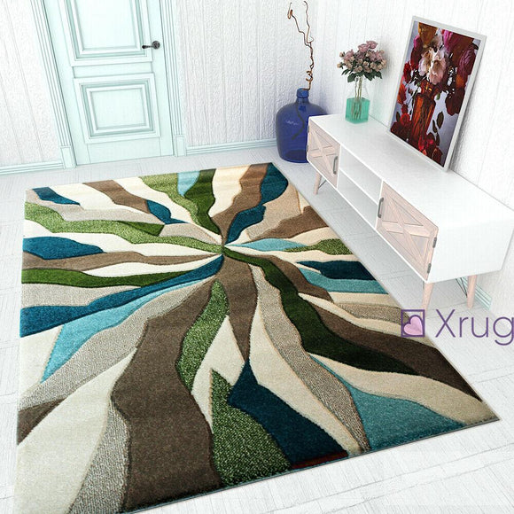 Modern Rugs Green Beige Blue Thick Carpet Contour Pattern Abstract New Room Mats