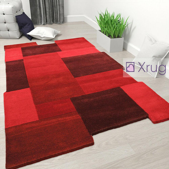 Red Wool Rug Thick Geometric Carpet Check Bedroom Living Room Mat Small X Large