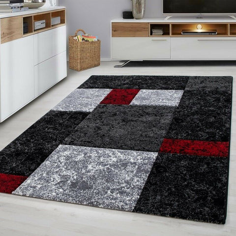 Modern Rugs Black Grey Silver Red Check Pattern Mat Geometric Living Room Carpet