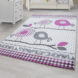 Nursery Rug White Grey Purple Bird Pattern Carpet Kids Play Childrens Animal Mat