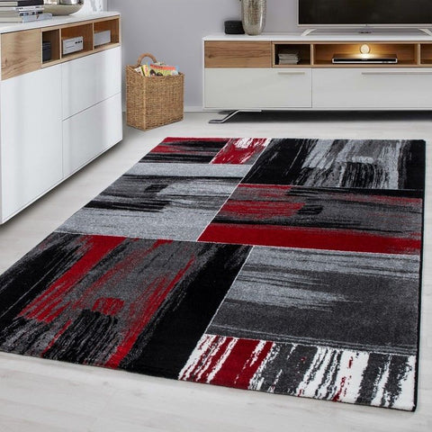 Modern Rug Red Black Grey Check Pattern Carpets Lounge Runner Mat Small Large XL