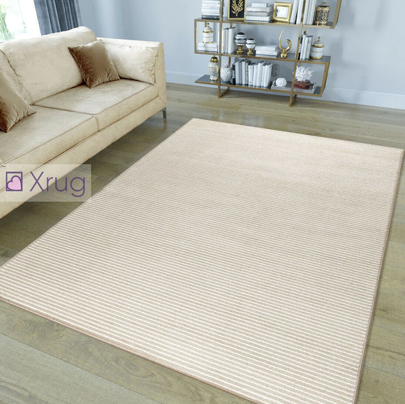 Modern Pattern Rug Striped Beige White Microfiber Soft Pile Mat Bedroom Carpets