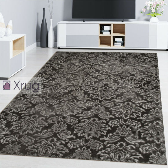 Grey Oriental Rug Damask Floral Patterned Silver Carpet Bedroom Living Room Mat