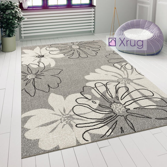 Modern Floral Design Rug Silver Grey White Soft Low Pile Woven Floor Carpet for Living Room or Bedroom