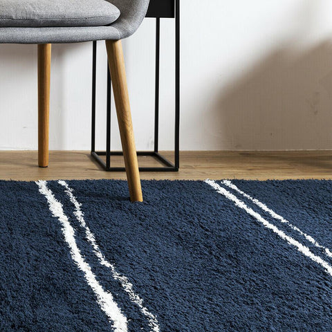 Navy Rug Blue White Shaggy Machine Washable Very Soft New Living Room Carpet Mat