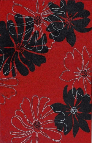 Modern Large Red Rug Black Floral Pattern Soft Woven Low Pile Floor Carpet Living Room or Bedroom