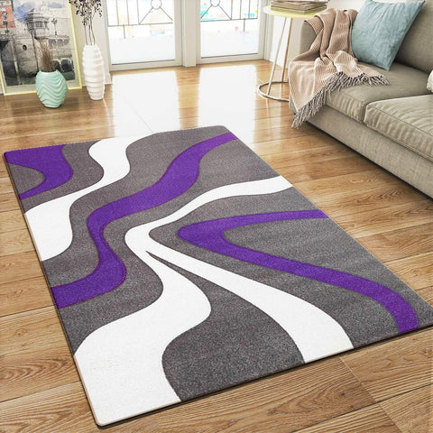 XRUG Modern Grey Purple White Rug Contour Cut Abstract Pattern Woven Low Pile Carpet Mat for Living Room & Bedroom