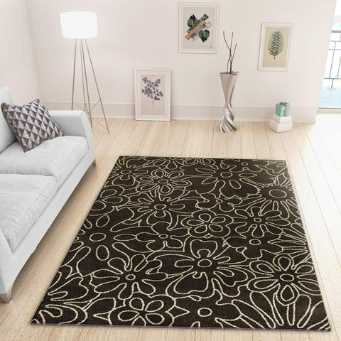 Modern Dark Brown and Grey Rug Floral Pattern Woven Short Pile Carpet Mat for Living Room or Bedroom