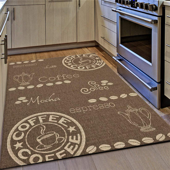 Kitchen Rug Coffee Design Brown and Beige Hard Wearing Flat Woven Floor Carpet Mat Outdoor Indoor Areas