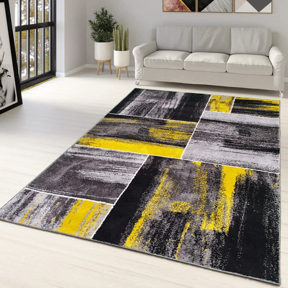 Modern Rug Living Room Yellow Grey Black Abstract Geometric Pattern Large XL Small Bedroom Carpet Floor Area Mat