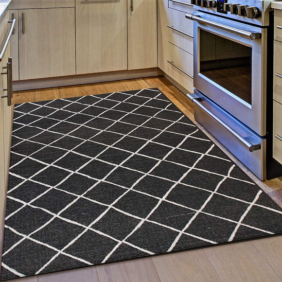 Kitchen Rug Black Grey Check Pattern Hard Wearing Flat Weave Carpet Indor Outdoor Floor Mat