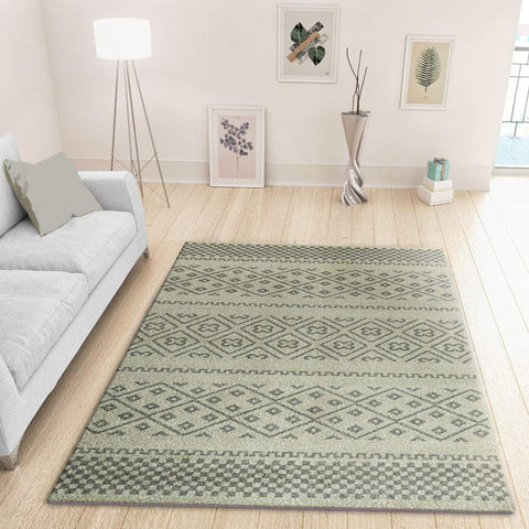 Modern Ivory Rug Grey Geometric Pattern Woven Short Pile Floor Carpet for Bedroom & Living Room