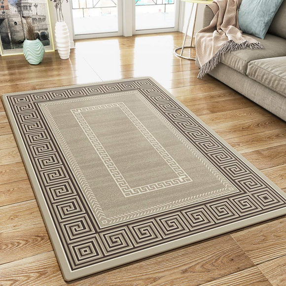 Modern Rug Beige Brown Border Pattern Oriental Woven Short Pile Carpet Mat for Living Room & Bedroom