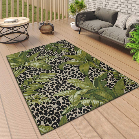 Outdoor Rug Animal Print Tropical for Decking Patio Garden Large Small Mat Cream Green Black Leopard Floral Palm Pattern