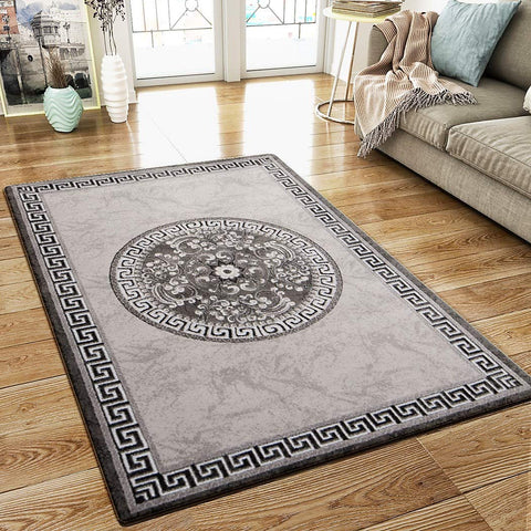 Oriental Flaral Pattern Rug Grey Black Shimmer Ornaments Woven Low Pile for Living Room or Bedroom