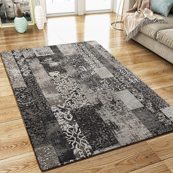 XRUG Modern Grey Rug Vintage Patchwork Design Woven Jacquard Weave Carpet Mat for Living Room & Bedroom Floor