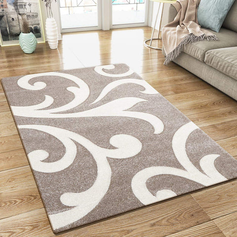 Modern Floral Rug Beige Cream Contour Cut Pattern Damask Design Carpet Mat for Living Room & Bedroom