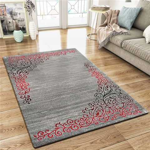 XRUG Modern Grey Red Rug Glitter Floral Pattern Woven Short Pile Carpet Mat for Living Room & Bedroom