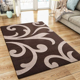 Modern Floral Rug Brown Beige Contour Cut Pattern Damask Design Carpet Mat for Living Room & Bedroom