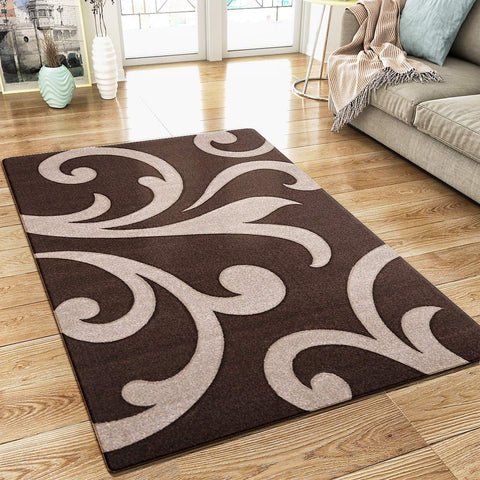 Modern Floral Rug Brown Beige Contour Cut Pattern Damask Design Carpet Mat for Living Room & Bedroom