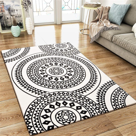 Rug White Black for Living Room Bedroom Lounge Modern Pattern Low Pile Carpet Mat