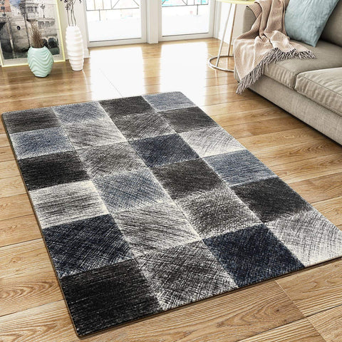 Modern Rug Black Grey Blue Checkered Pattern Woven Short Pile Carpet Mat for Living Room & Bedroom