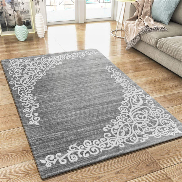 XRUG Modern Grey Rug Glitter Floral Pattern Woven Short Pile Carpet Mat for Living Room & Bedroom