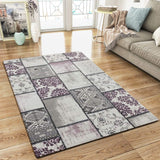 Modern Rug Grey Pink Patchwork Design Woven Low Pile Carpet Mat for Living Room & Bedroom