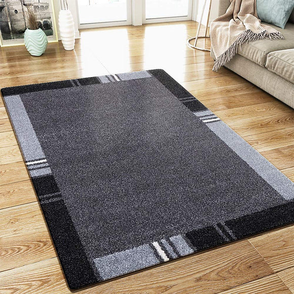 XRUG Modern Geometric Rug Border Design Silver Grey Black Woven Short Pile Carpet Mat for Living Room or Bedroom