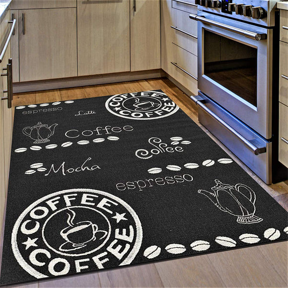 Kitchen Rug Coffee Design Black and White Hard Wearing Flat Woven Floor Carpet Mat Outdoor Indoor Areas