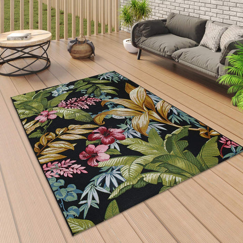 Outdoor Rug Floral Print Tropical for Decking Patio Garden Large Small Mat Cream Green Black Leopard Floral Palm Pattern