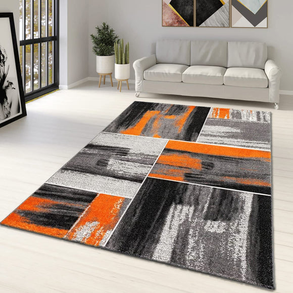Modern Rug Orange Grey Black Geometric Abstract Patterned Large XL Small Living Room Bedroom Carpet Mat