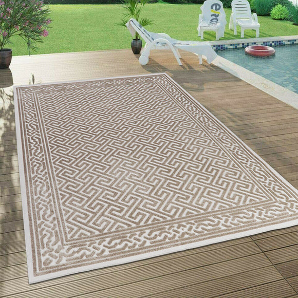 Outdoor Rug Cream Beige Large XL Small for Garden Patios Decking Gazebo Soft Woven Greek Key Geometric Mat