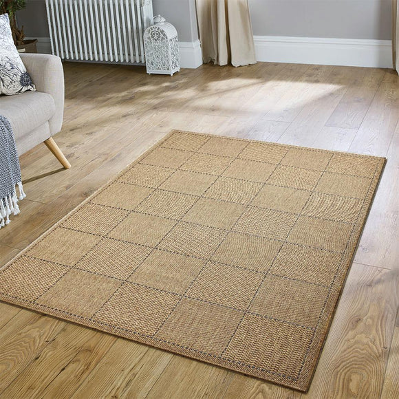Beige Living Room Rug Anti Slip Check Jute Look Flat Weave Carpet Small Large Runner Mat