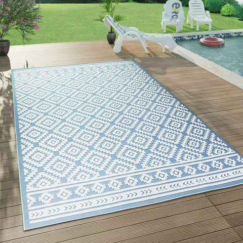 Outdoor Rug Light Blue Cream Diamond Large XL Small for Garden Patios Decking Gazebo Soft Woven Geometric Mat