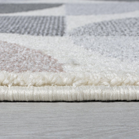 Elegant Cream Grey Geometric Short Pile Rug Dusky Pink Contemporary Pattern Small Large Runner Mat