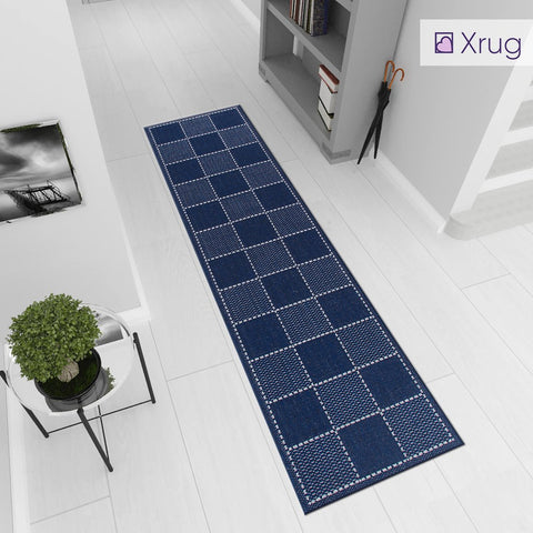 Navy Blue Runner Rug Non Slip Kitchen Hall Hallway Runner Long Carpet Durable Check Flat Weave Mat