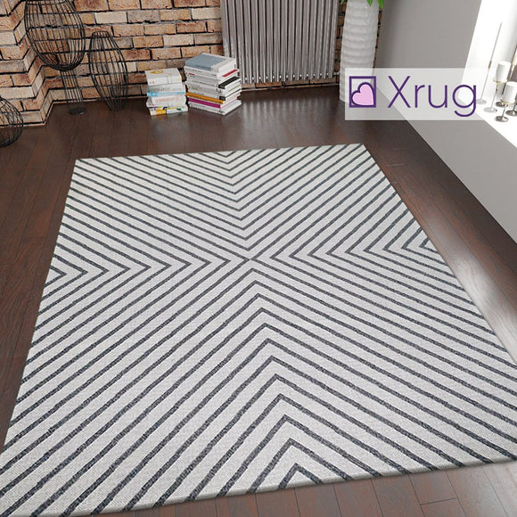 Сream Geometric Rug 100% Cotton Large Small Woven Carpet Grey Pattern Area Mat