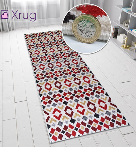 Modern Rugs Cream Ivory Red Yellow Grey Geometric Diamond Abstract Patterned Carpet Small Large Area Mat Woven Friese Soft Polypropylene Living Dining Room Bedroom Lounge Runner Hallway 70x140 70x240 120x170 160x220 New